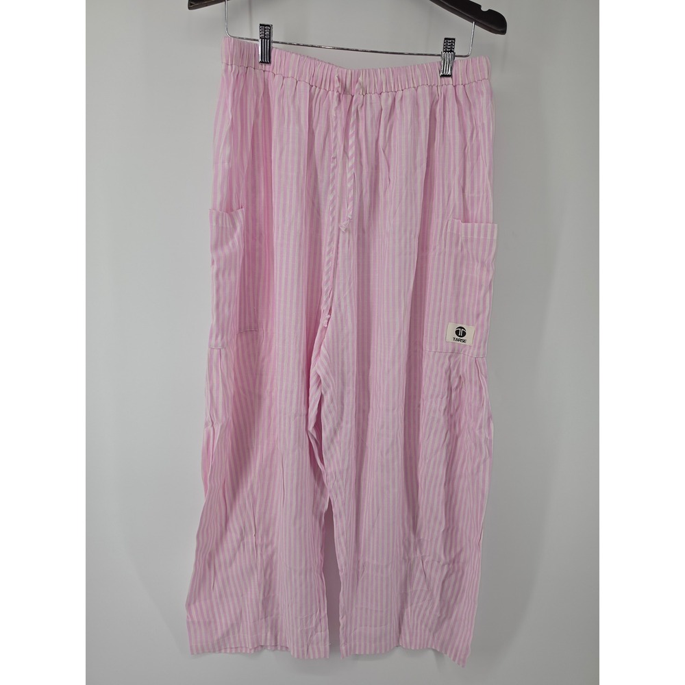 Tarse Womens Pink Striped Linen Blend Wide Leg Cargo Pants Size L NWT